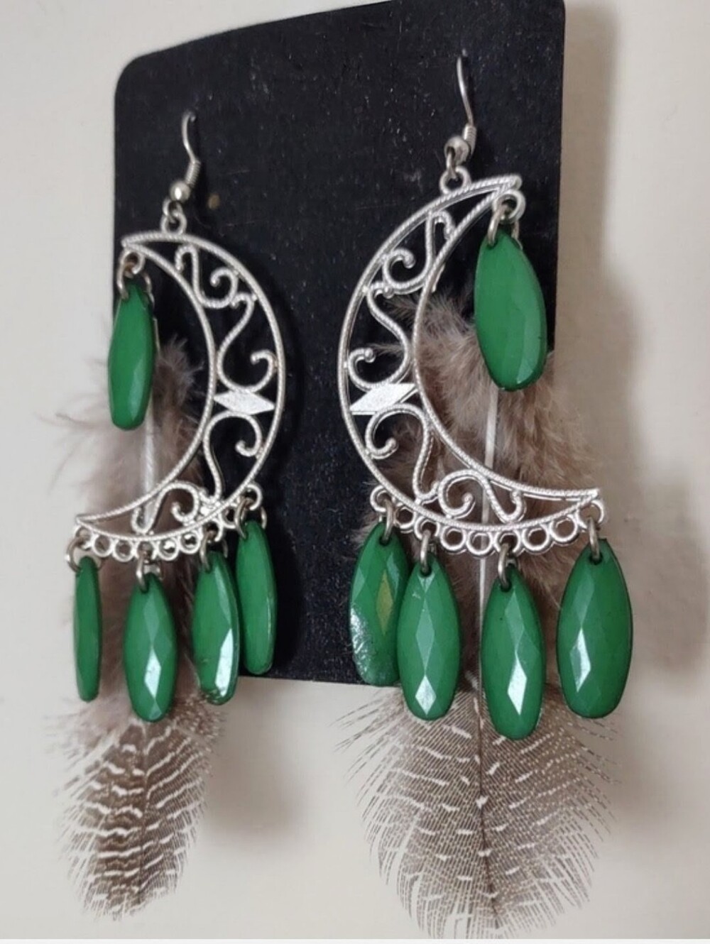 Crescent Moon Green Beaded Feathers Dangle Earrings (Revised Listing)